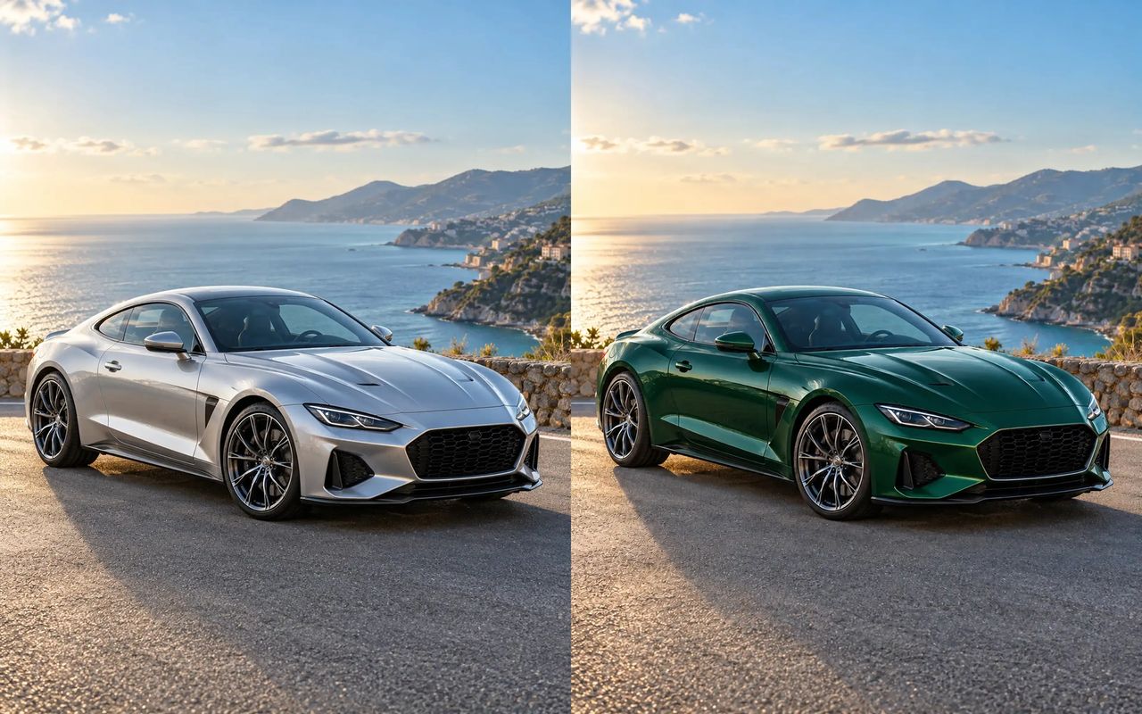 A silver sports car recolored emerald green in the same scene