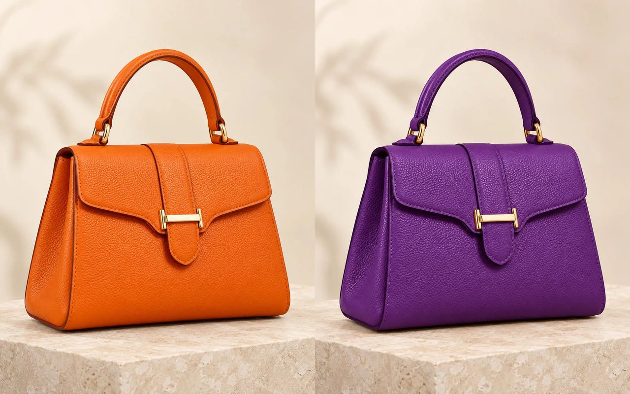 An orange leather handbag recolored violet without changing its shape