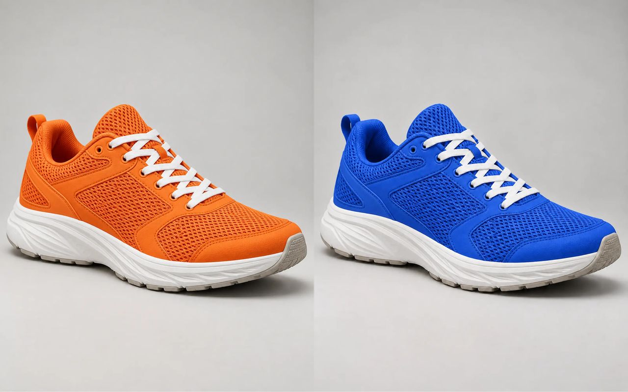 An orange running shoe recolored cobalt blue with its white laces and sole unchanged