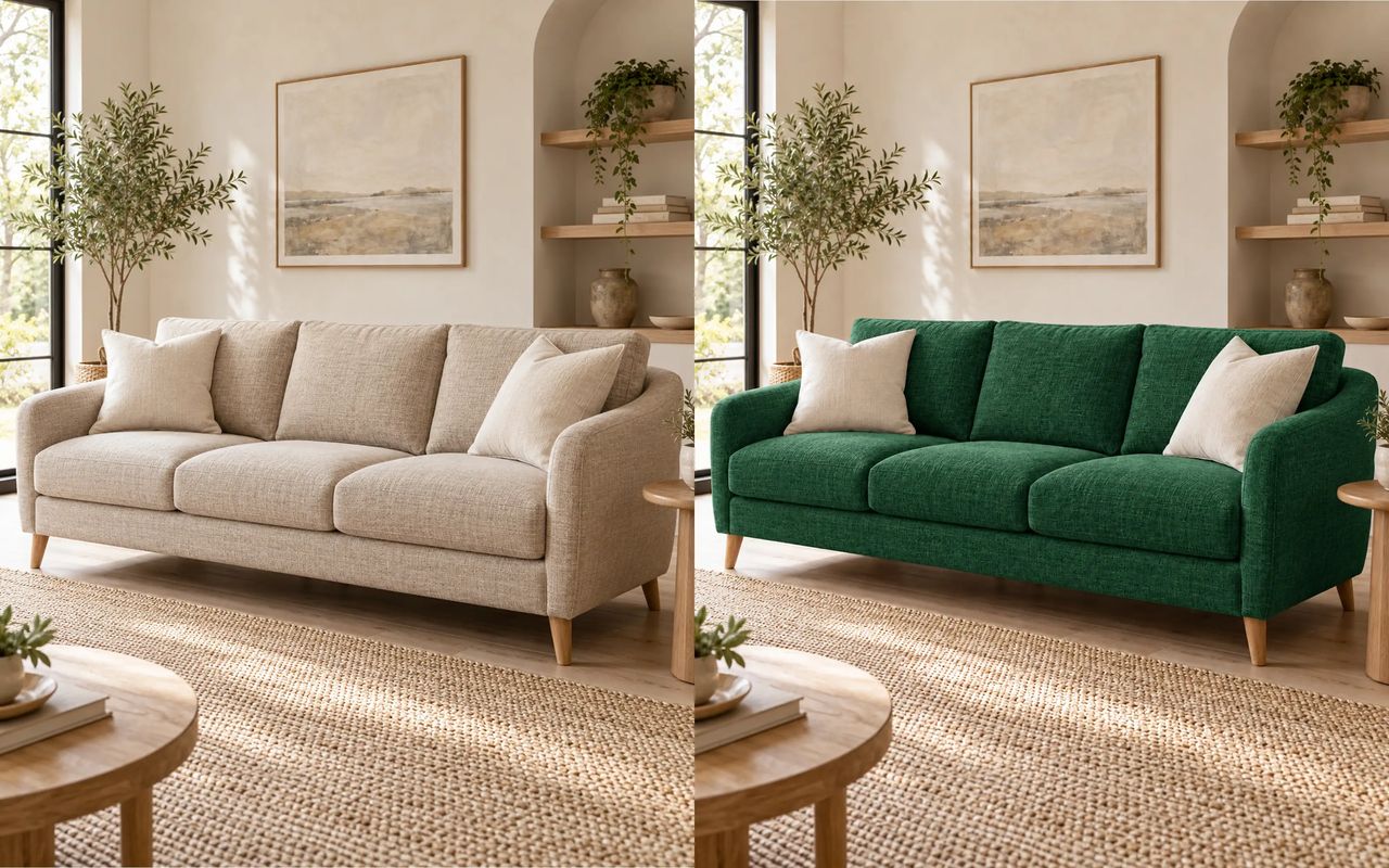A beige linen sofa recolored emerald green in the same living room